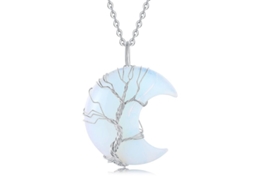 2026-colgante De Piedra De Cuarzo Arbol De La Vida Collar Luna Crescente Opalo Sintético Blanco