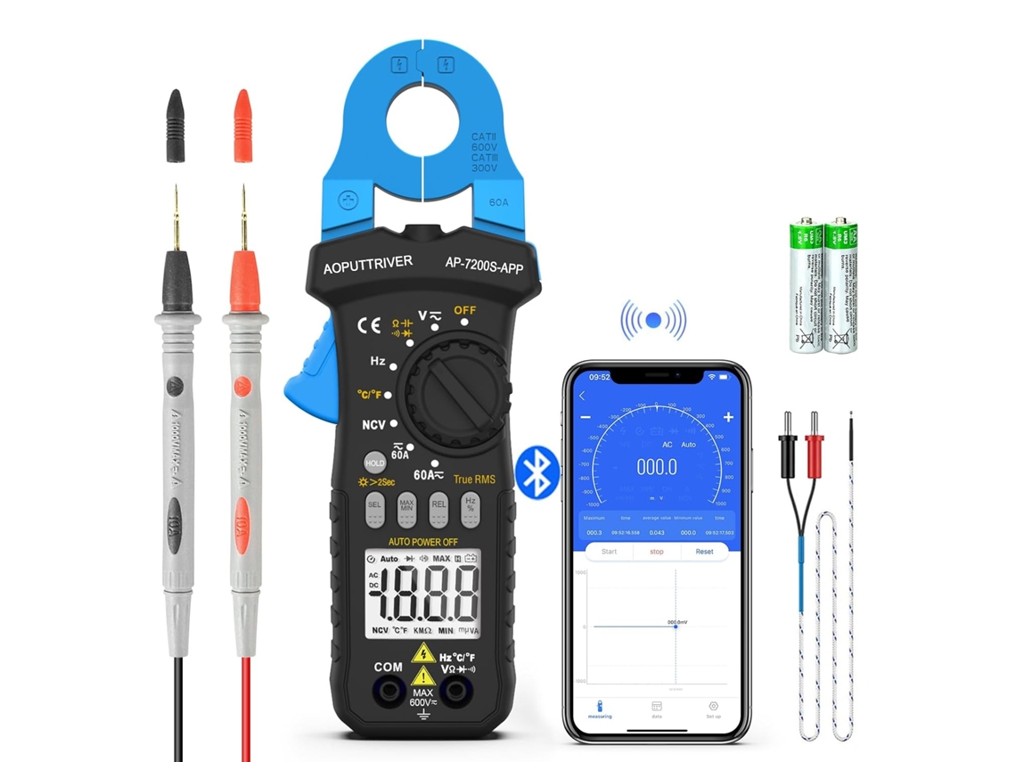 Amperímetro de alicate TRMS 6000 com conectividade Bluetooth, medição de tensão CA/CC sem contato, diversas faixas de medição.