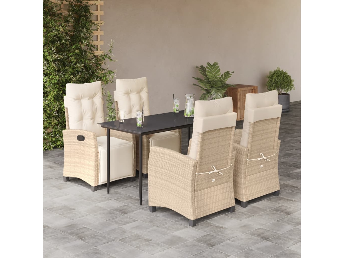 Vidaxl 5 Pcs Conjunto De Jantar P/ Jardim Com Almofadões Vime Pe Bege