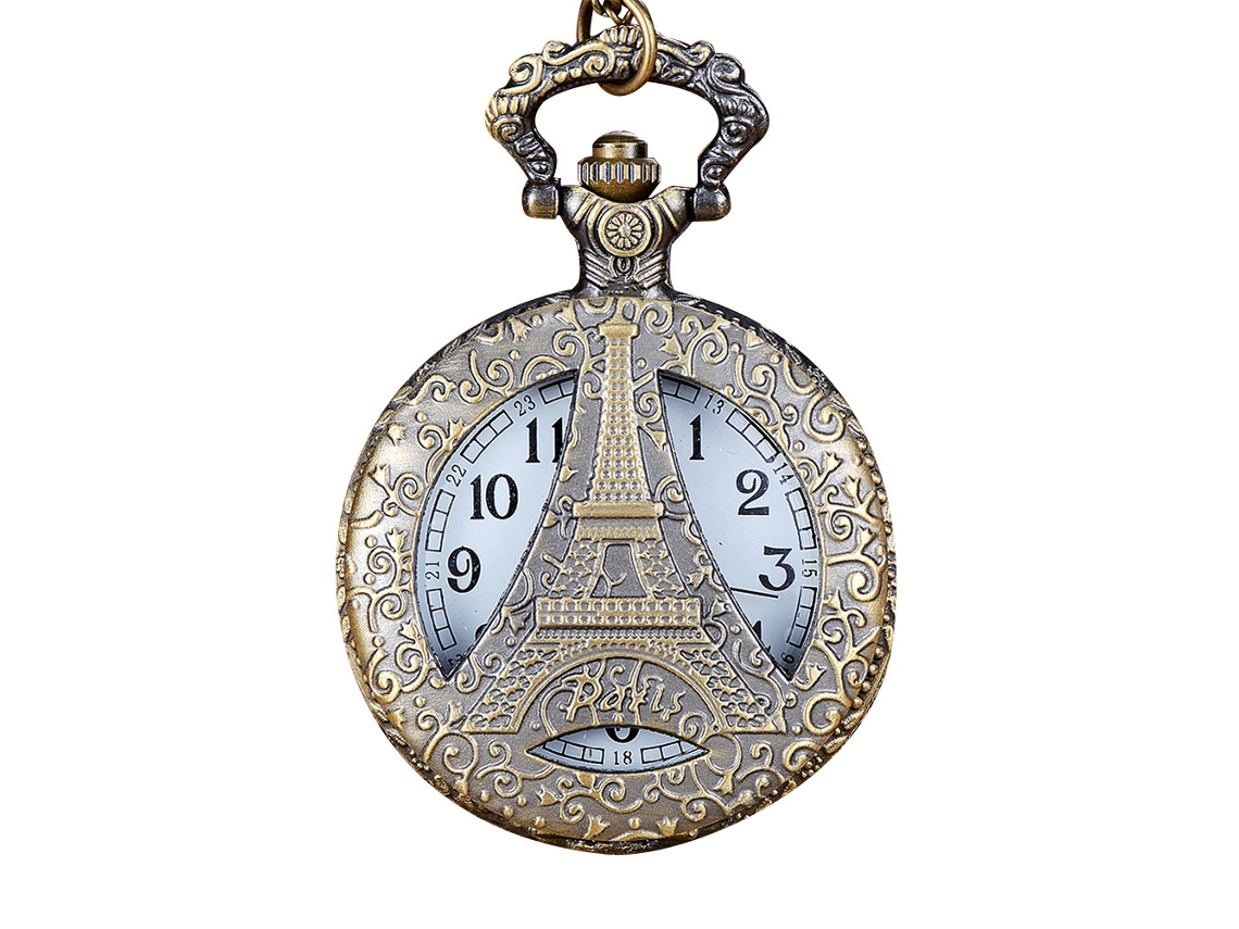 Relógio de Bolso Feminino Vintage de Quartzo com Padrão Torre Eiffel e Design Clássico