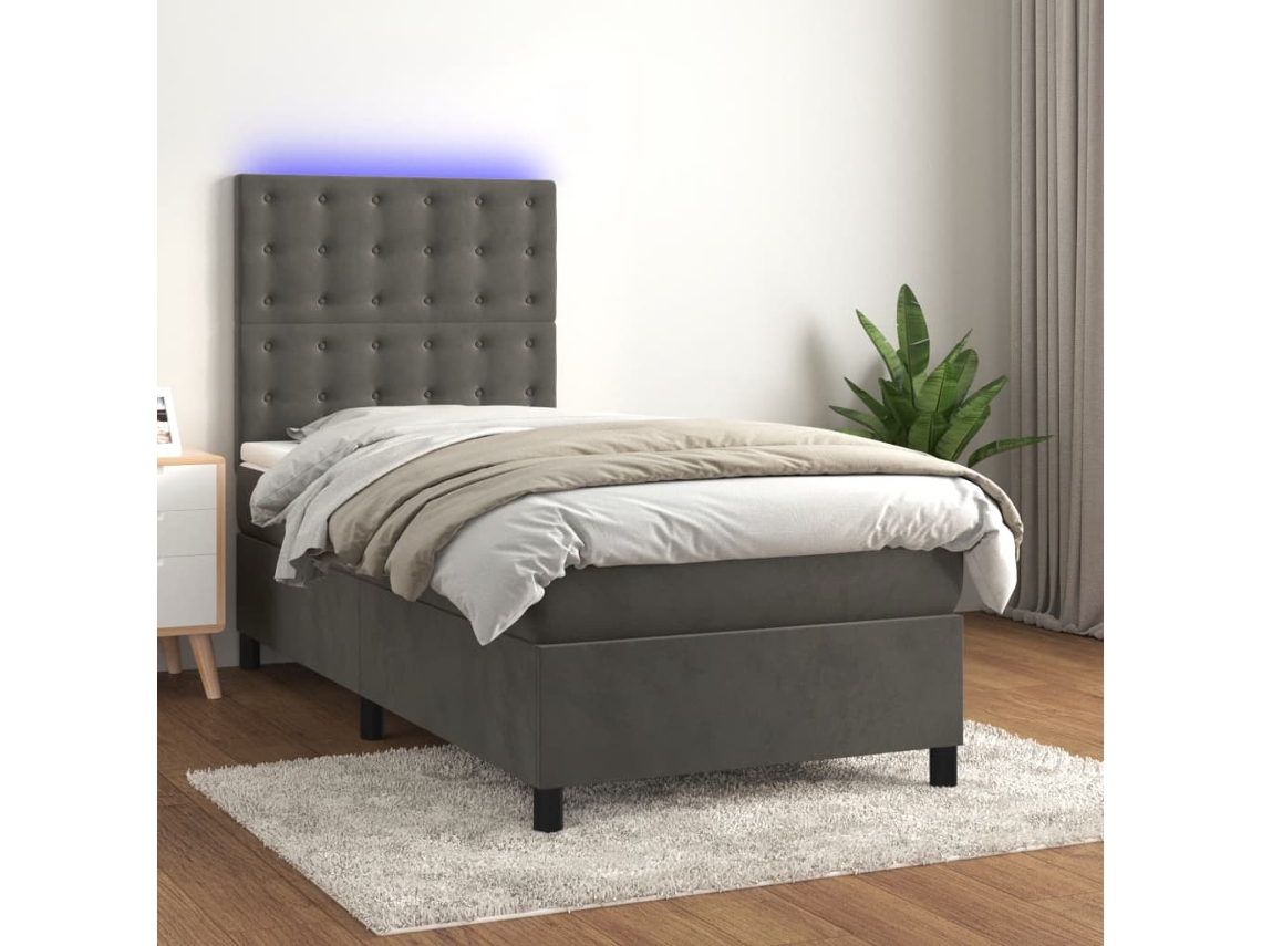 Cama Box Spring C/ Colchão/led 90x200 Cm Veludo Cinzento-escuro