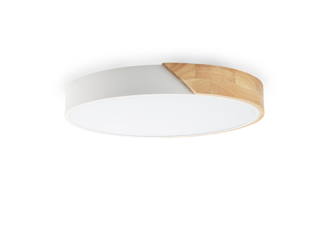Plafão Led Circular Kumo 30w Ø40cm, Metal Branco Com Madeira Natural, Luz Selecionável 3000k 4000k 6000k Alpinaluz