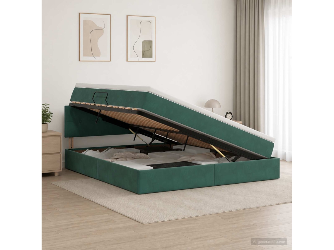 Vidaxl Cama Com Armazenamento Verde-escuro 140 X 200 Cm Veludo