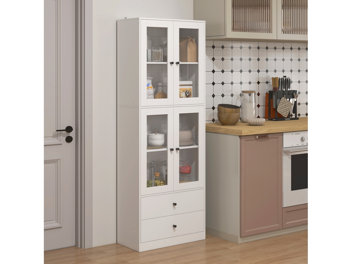 Kitchen Cabinet With Drawers And Glass Doors, Melamine Surface, White