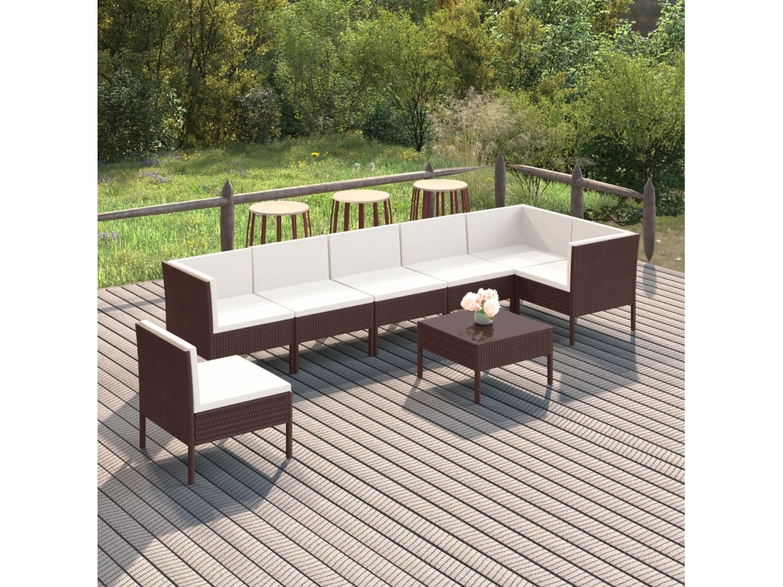 Vidaxl 8 Pcs Conjunto Lounge Jardim C/ Almofadões Vime Pe Castanho