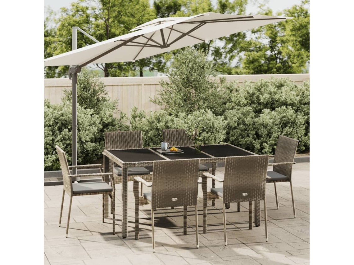 Conjunto 7 Peças Jantar P/ Jardim C/ Almofadões Vime Pe Cinza Dkd Home Decor