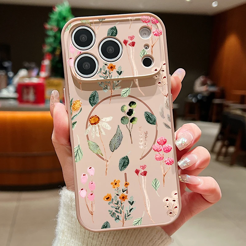 Capa Magnética Para Iphone 14 Com Estampa Floral Dourada, Capa Traseira Rígida Em Tpu E Pc.