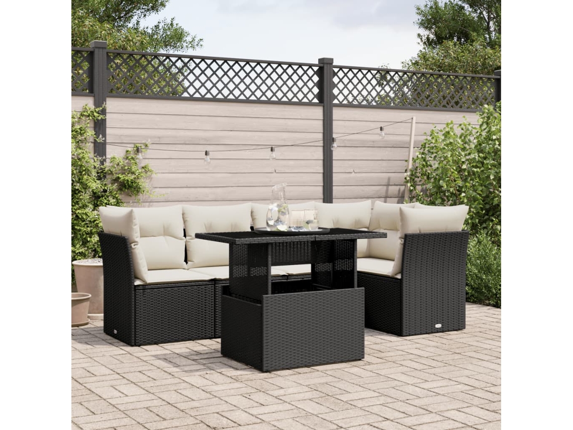 Vidaxl 6 Pcs Conjunto Sofás De Jardim C/ Almofadões Vime Pe Preto