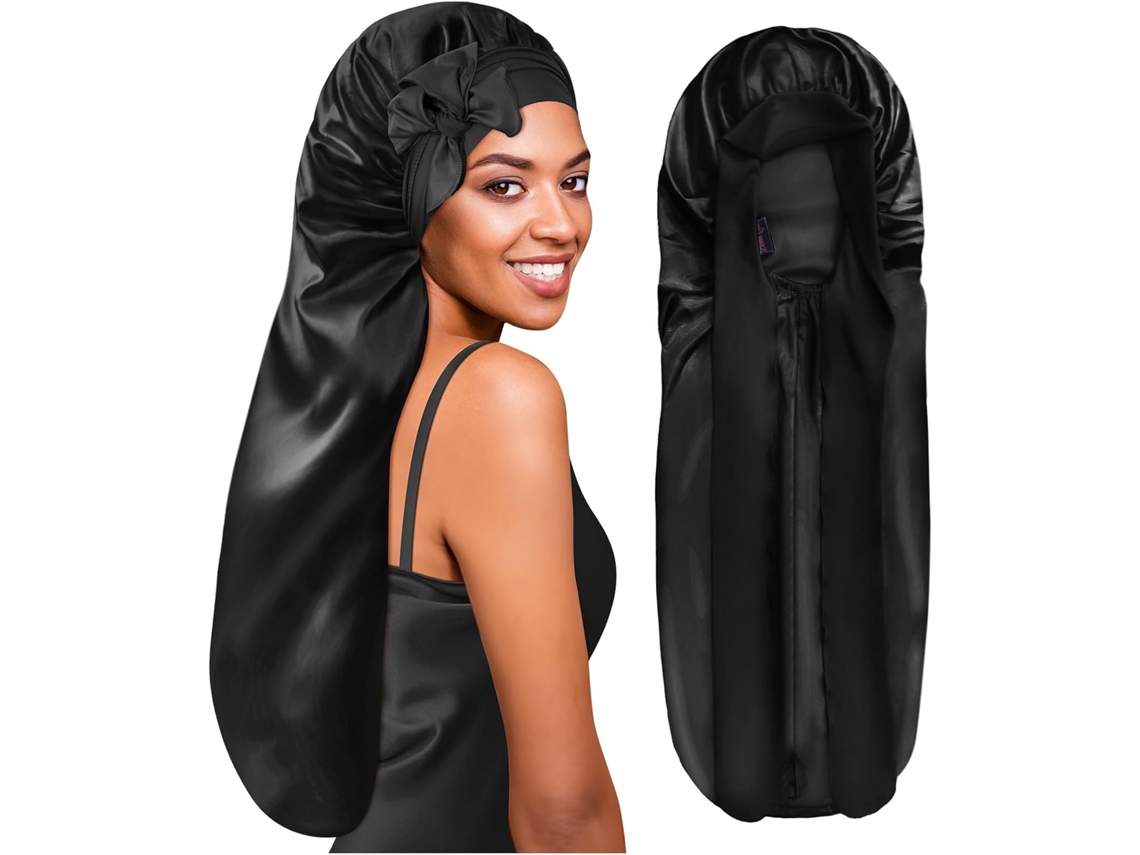 Touca de dormir Tucano extra longa de cetim, adequada para cabelos longos, cacheados e tranças, Aquaforge Black