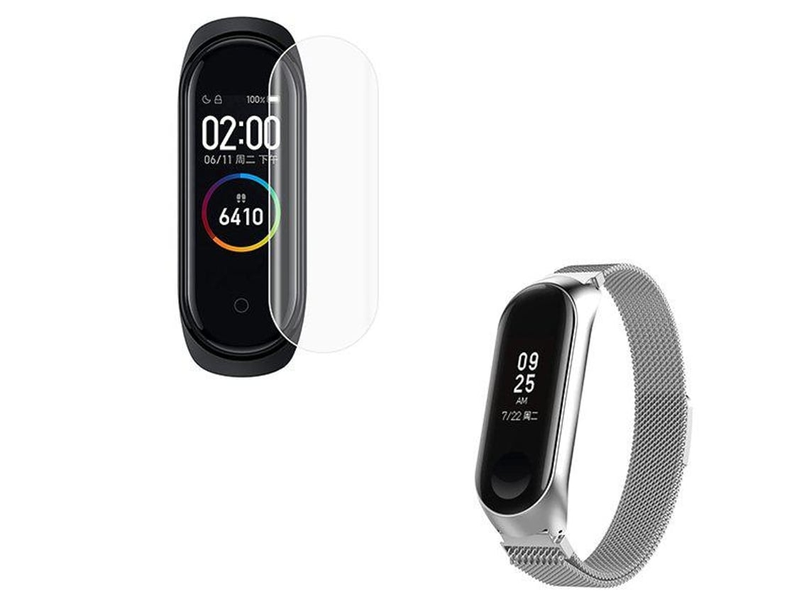 Kit Pulseira Bracelete Milanese Loop Fecho Magnético Película Protectora Ecrã Gel Full Cover Xiaomi Mi Band 5 Cinza