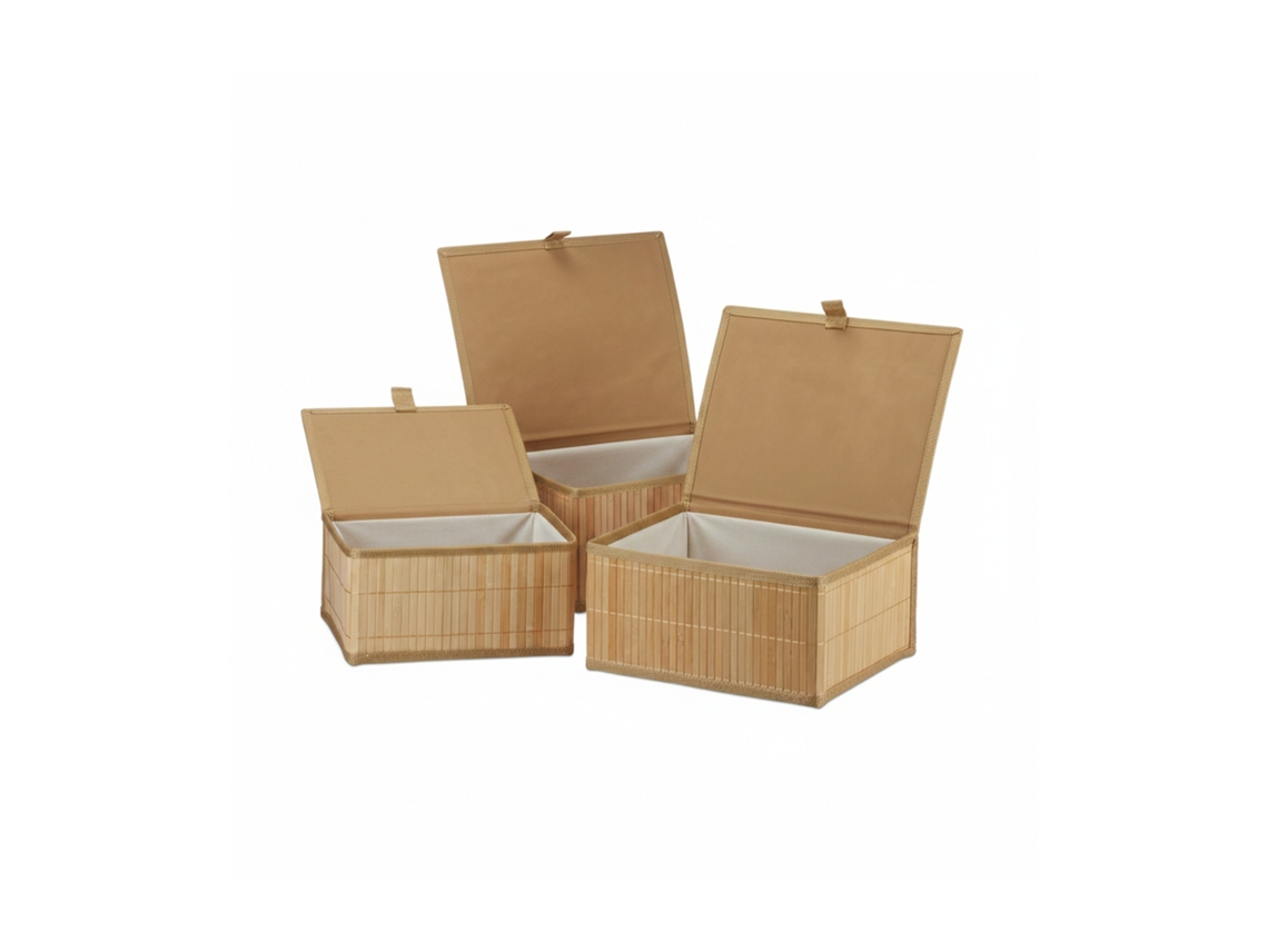 Conjunto De 3 Cestos De Arrumação Relaxdays, Com Tampa E Forro, Bambu, Casa De Banho, Brinquedos, 3 Tamanhos, Natural