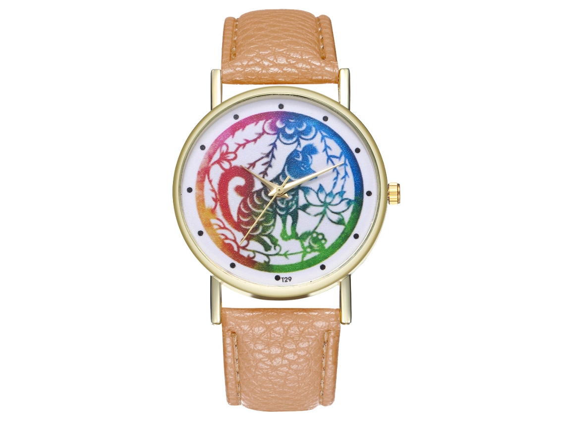 Relógio analógico Zodiac para homens e mulheres, em couro PU, bege e amarelo casual.