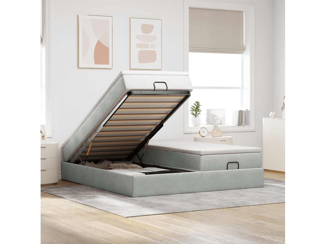 Estrutura cama otomana colchões 180x200cm veludo cinzento claro