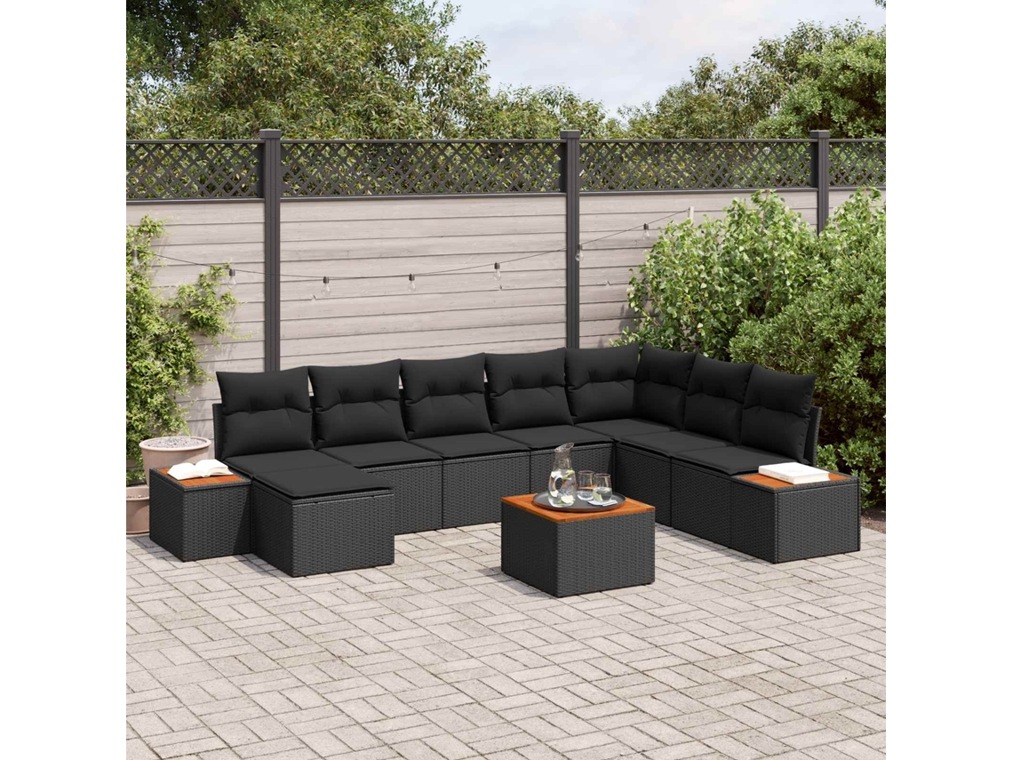 Vidaxl Conjunto De Sofá De Jardim Com Almofada 9 Pcs Preto Polirattan