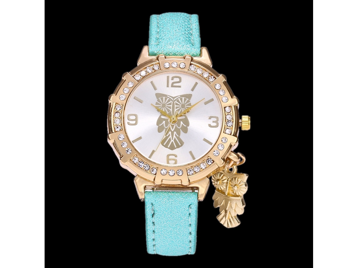 Relógio de Pulso Feminino com Pingente de Coruja e Pedras Strass Pulseira de Couro Pu Menta