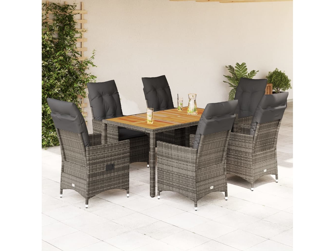 Vidaxl 7 Pcs Conjunto De Jantar P/ Jardim C/ Almofadões Vime Pe Cinza
