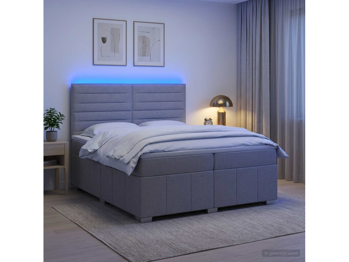 Vidaxl Cama Box Com Led E Colchão Cinzento-claro 200 X 200 Cm Tecido