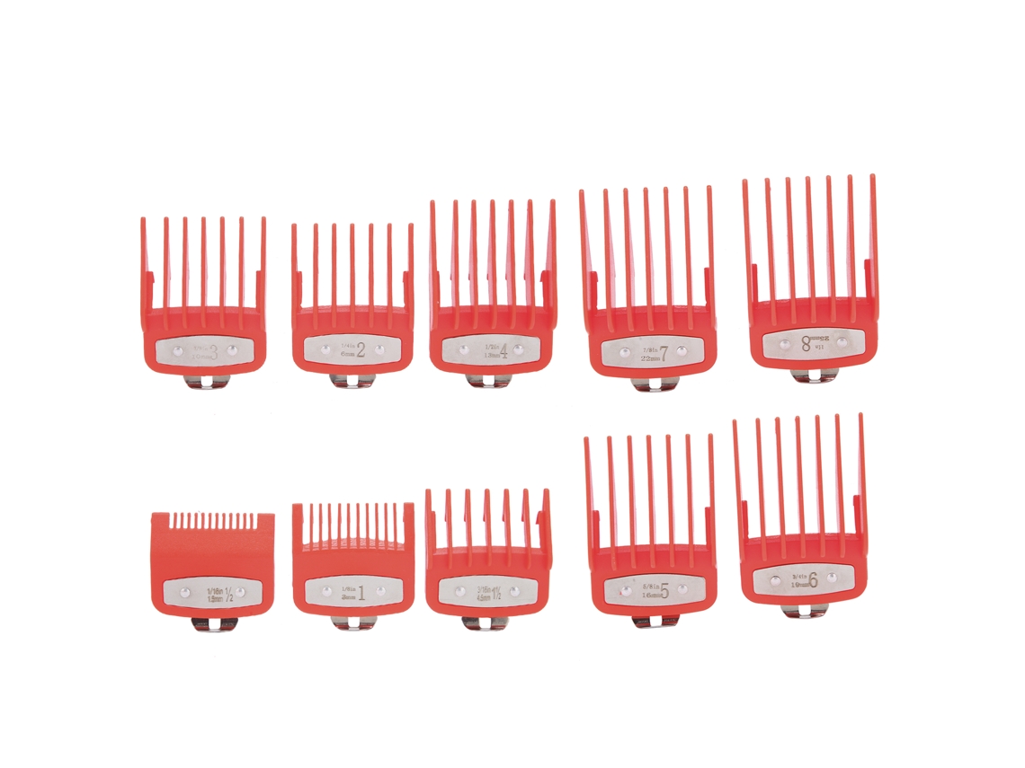 2026 Conjunto de 10 Pentes Guia para Máquina de Cortar Cabelo Profissional, Tamanhos 1,5 a 25 mm, Material ABS e Metal, Vermelho