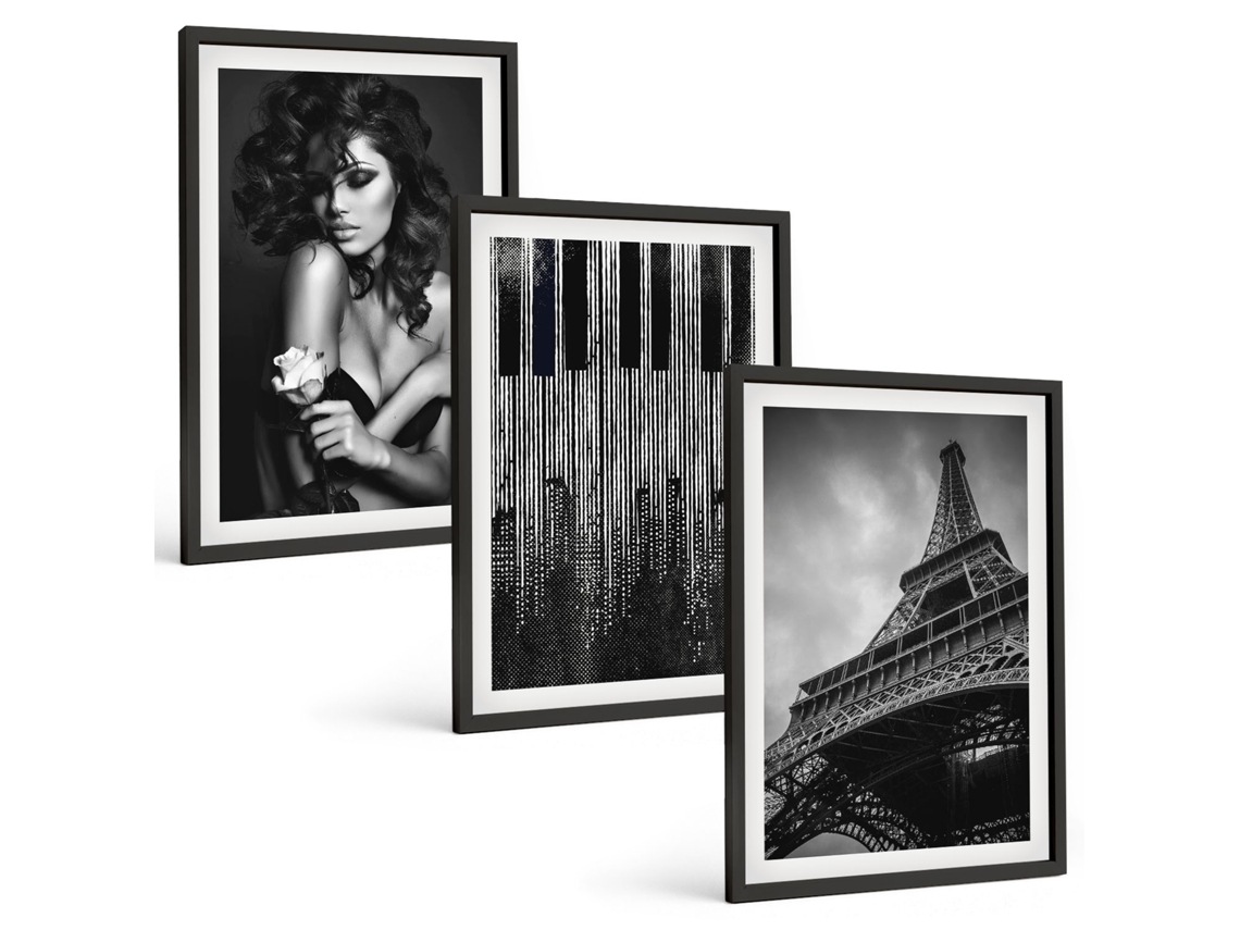 Conjunto De Pinturas Retrato De Uma Mulher Com Uma Rosa Eiffel Moldura Preta Imagens Para Um Quarto Infantil Espelharte (3 Piezas De 40x60 Cm)
