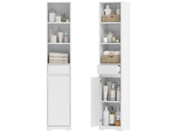 Armário Alto Para Banheiro. Móvel De Armazenamento Com Porta, Gaveta, Compartimentos Abertos E Prateleira Ajustável. Branco.