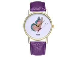 Relógio de pulso feminino com pulseira de couro, borboletas, quartzo, roxo.