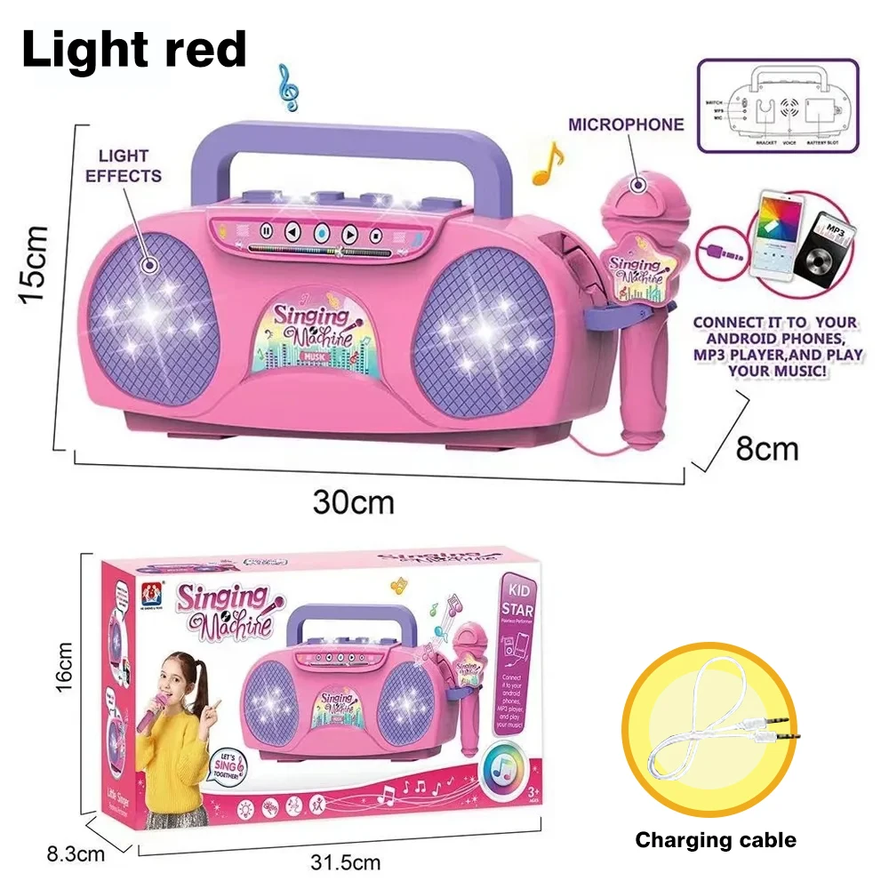 Máquina de Karaokê Elétrica Portátil com Microfone, Luzes e Instrumentos Infantis. MDUG (rosa)