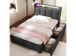 Cama Simples 90x200 Cm Com Led, Usb, Tomadas E 2 Gavetas, Estofada Com Sommier De Ripas, Sem Colchão, Cinza