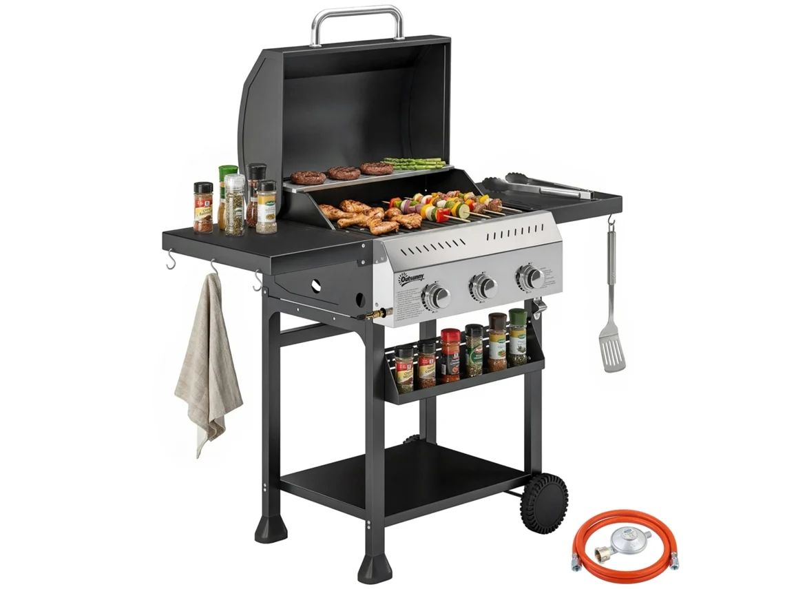 Barbecue a Gás com 3 Queimadores 9 Kw Termómetro Mesas Laterais Dobráveis e 2 Rodas Ganchos Preto FLUISHINE