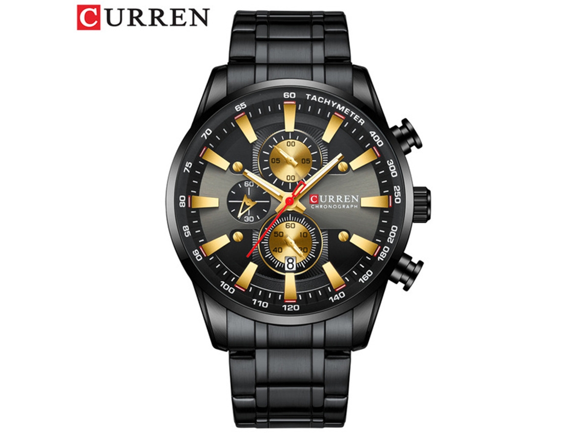 Relógio Masculino MDUG moderno, à prova D'água, multifuncional, seis Ponteiros, pulseira de Aço, preto e Dourado