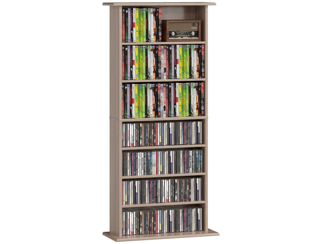 Estante Estreita para Cds e Dvds com 8 Compartimentos, Prateleiras Ajustáveis, 58x24x126,3cm, Madeira Natural ESSÊNCIACASA