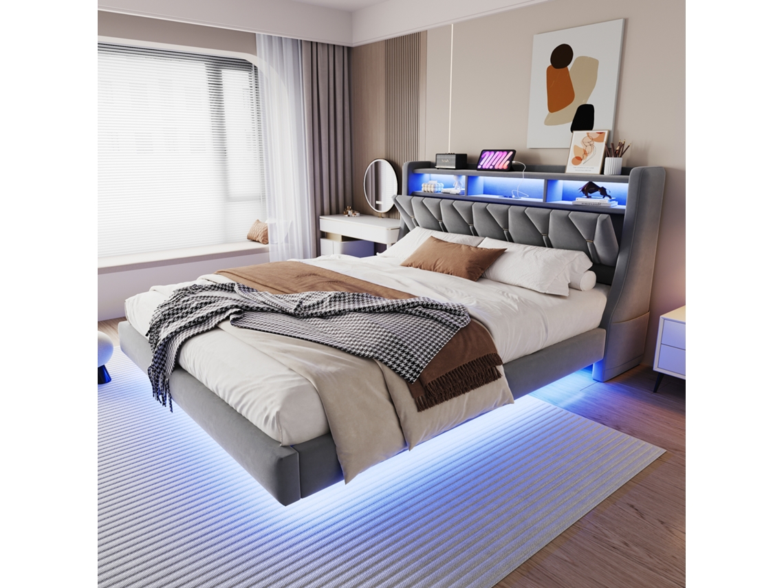 Cama Casal 180x200cm, Cabeceira Reclinável Com Tomada E Prateleira, Luz Led, Pés Largos, Design Flutuante Em Veludo Cinza.