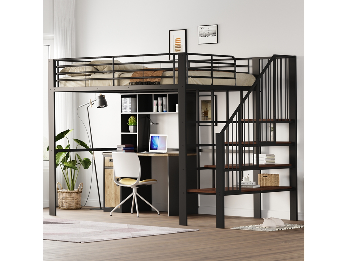 Cama Alta 140x200 Metal Estável Com Armazenamento E Escada