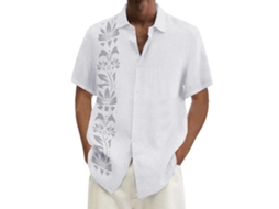 Camisa Masculina Manga Curta Estampada Leve Confortável Algodão Branco XL