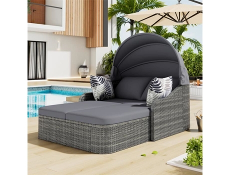 Ilha De Sol Com Dossel Ajustável, Rattan Pe, Espreguiçadeira De Terraço, Sofá Duplo Com 4 Almofadas, Cinza Dreammespace