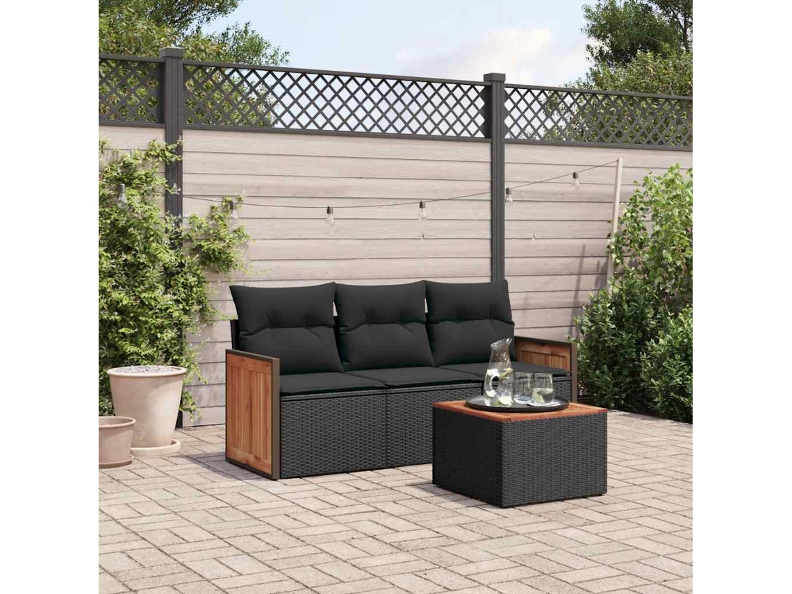 Vidaxl 4 Pcs Conjunto De Sofás Para Jardim C/ Almofadões Vime Pe Preto
