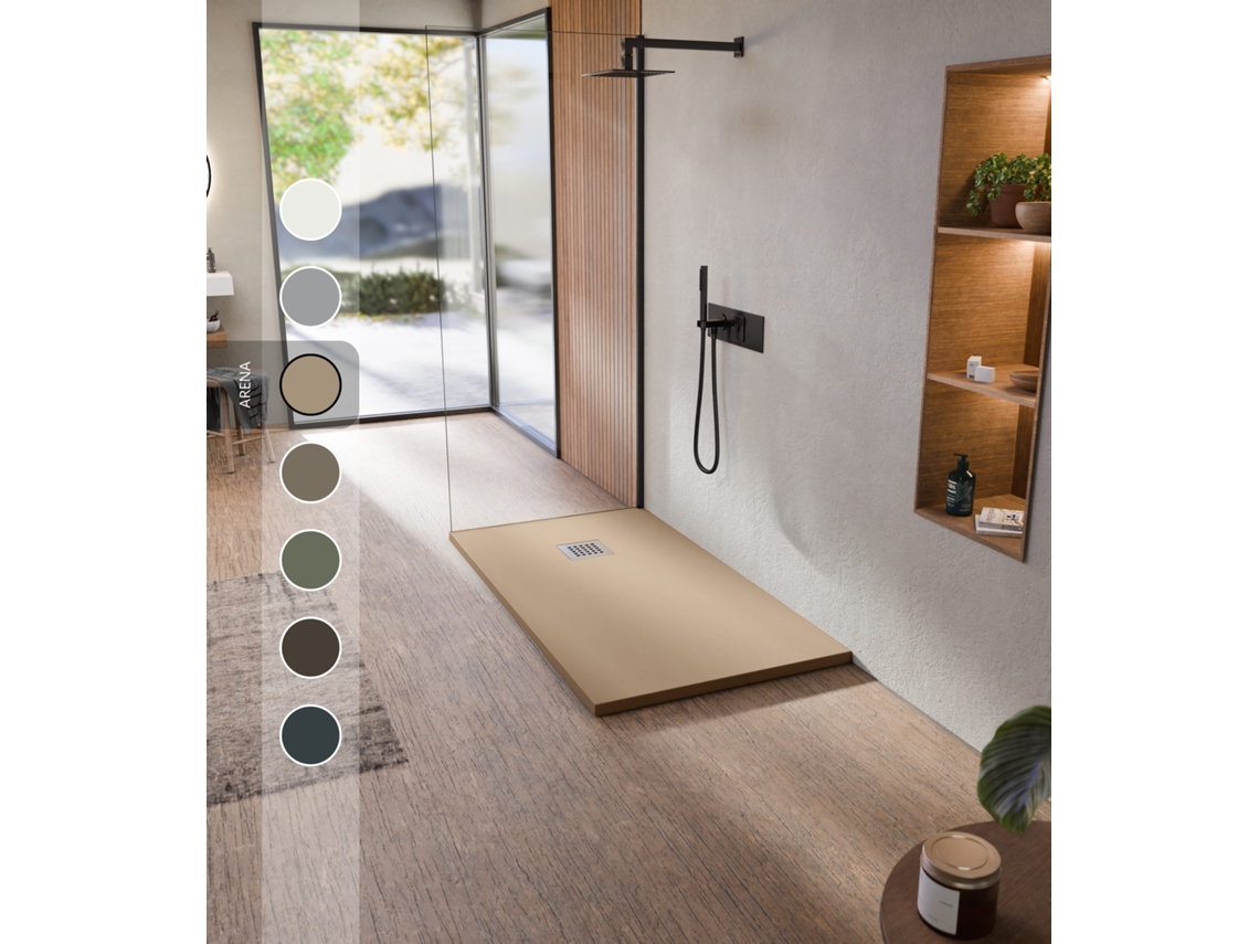 Base De Duche De Resina Antiderrapante Textura Lousa Suave Inclui Válvula De Escoamento E Grelha Areia 70 X 70cm Bellobath