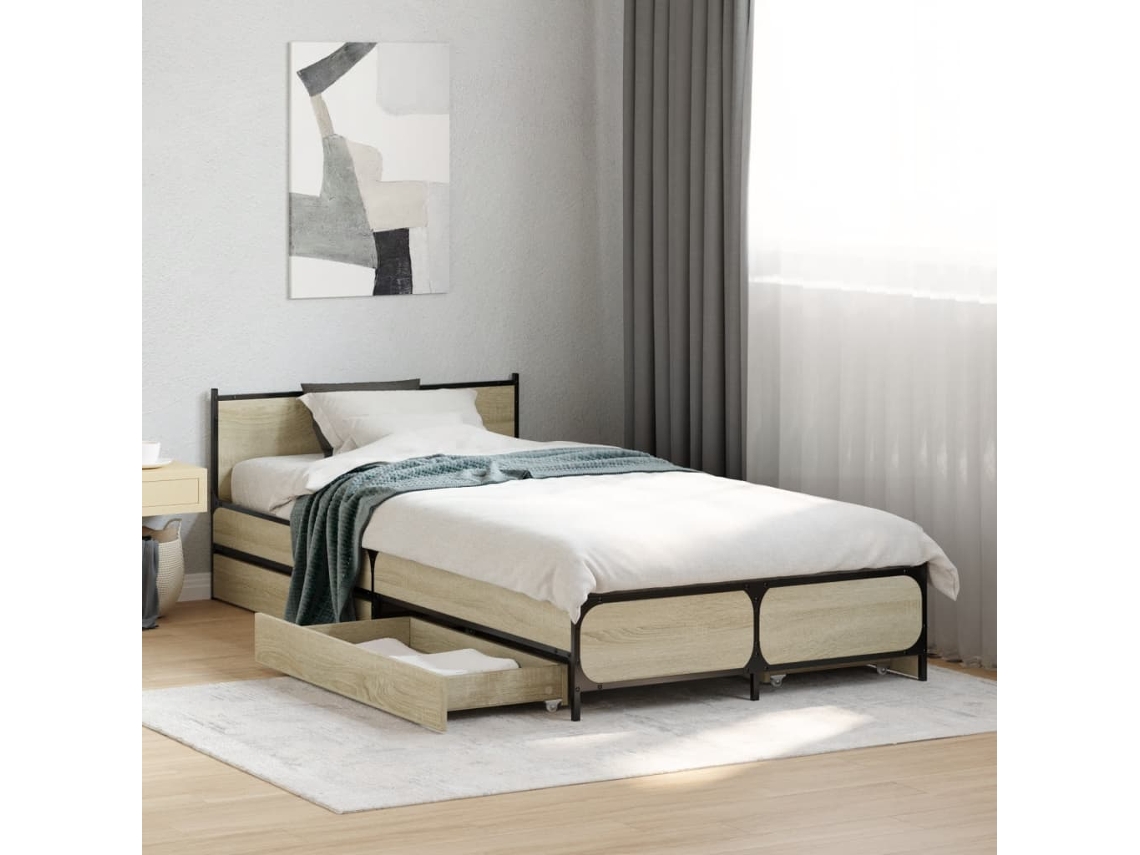 Cama De Solteiro | Camas Para Quarto | Estrutura De Cama C/ Gavetas Derivados Madeira Carvalho Sonoma