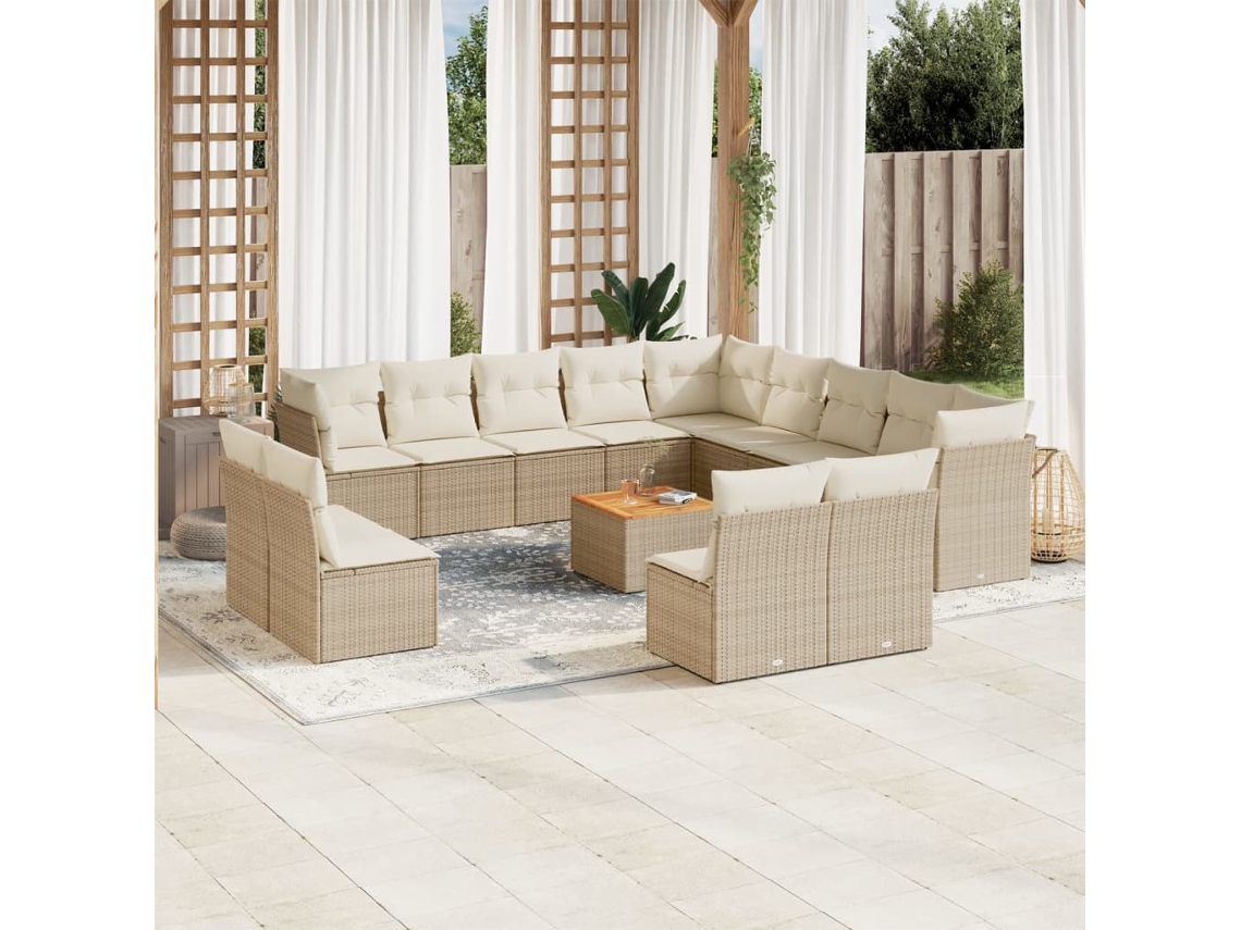 Vidaxl 14 Pcs Conjunto De Sofás P/ Jardim Com Almofadões Vime Pe Bege