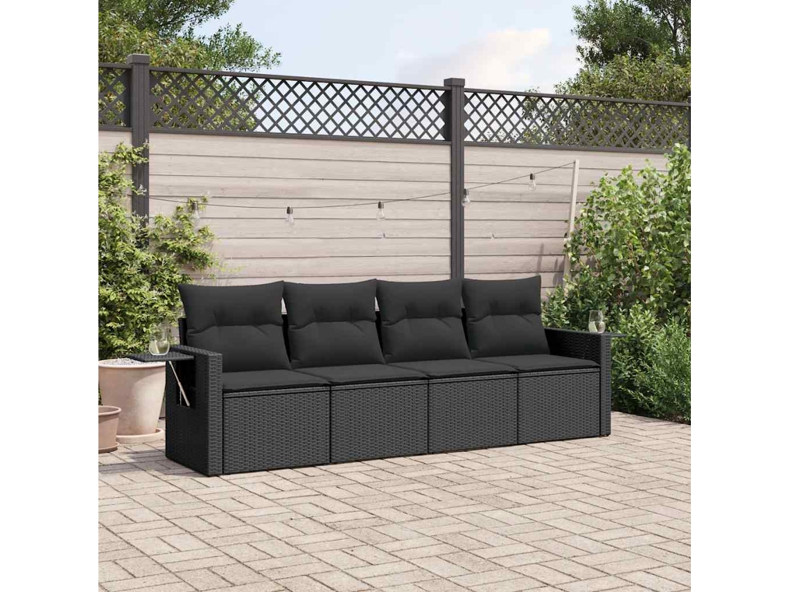 Vidaxl 4 Pcs Conjunto De Sofás Para Jardim C/ Almofadões Vime Pe Preto
