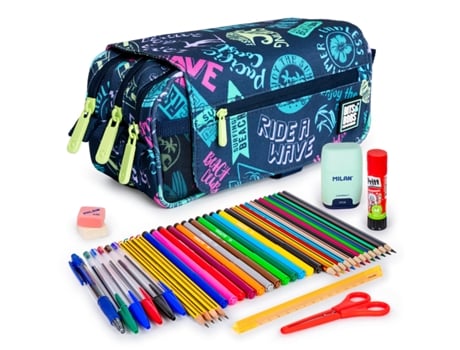 Estojo triplo com 3 zíperes e material escolar incluso. Colepack de praia