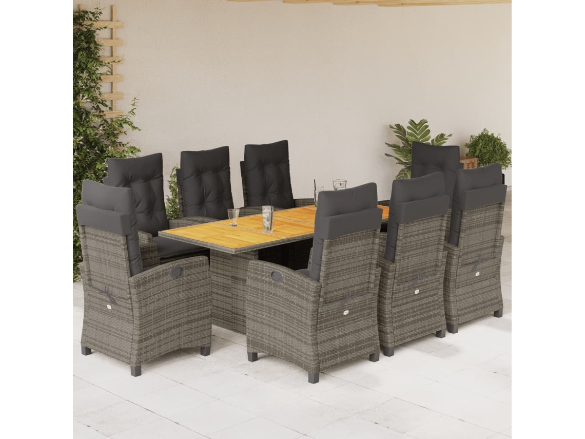 Vidaxl 9 Pcs Conjunto De Jantar P/ Jardim C/ Almofadões Vime Pe Cinza