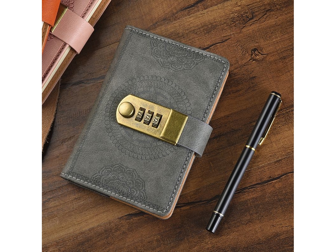 Caderno Retrô A7, Ideia De Presente Para A Volta Às Aulas, Cadeado De Combinação, Diário Seguro, Papel Grosso, Cinza