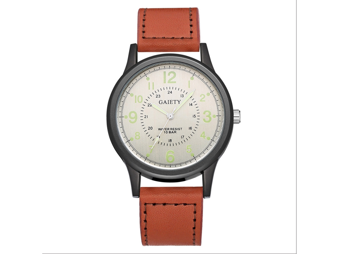 Relógio masculino Gaiety, mostrador redondo, pulseira de PU, movimento analógico de quartzo, branco/café.