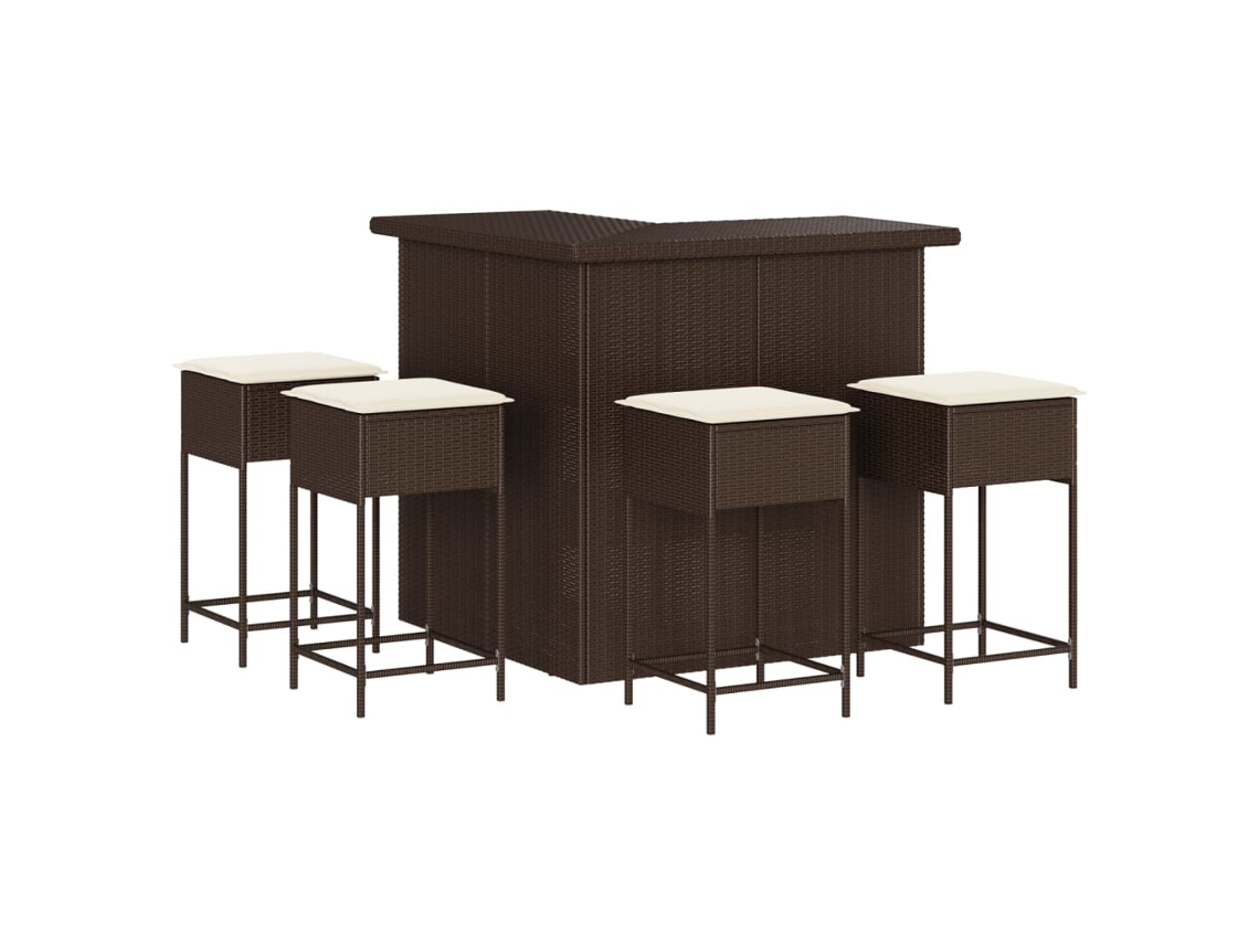 Conjunto 5 de bar p/ jardim c/ almofadões VIDAXL vime PE castanho