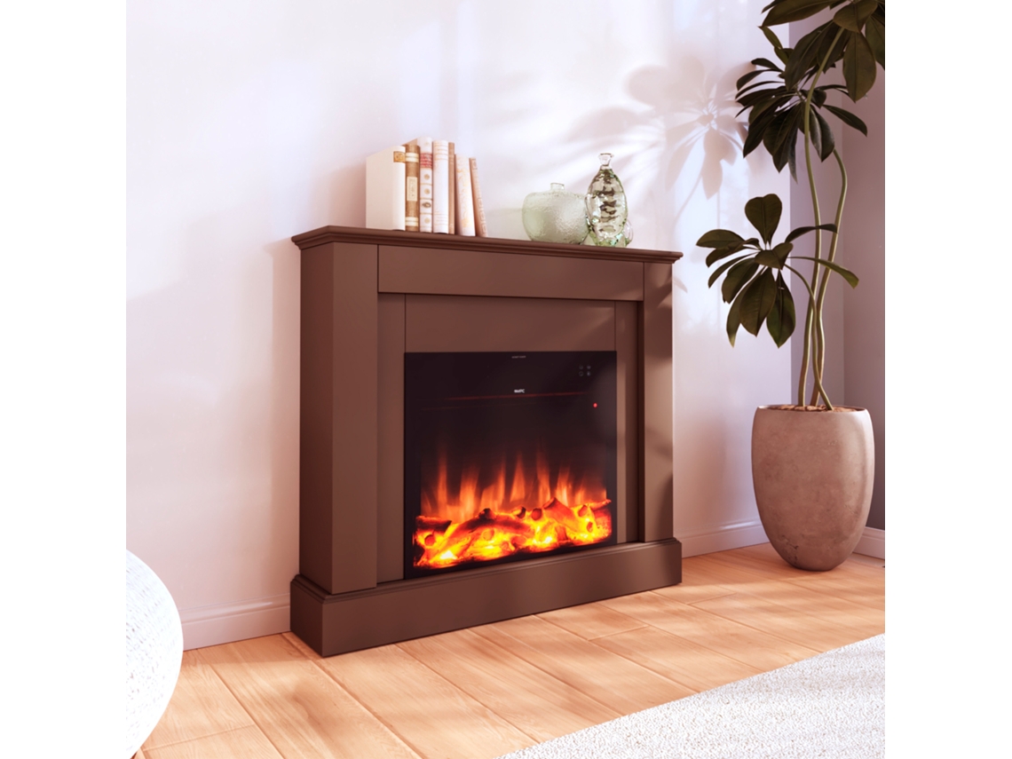 Lareira Elétrica MPC Camillo Marrone, 60 cm, Madeira Marrom, 750 W/1500 W, Efeito de Chama LED Realista, Termostato Automático, Controle Remoto Incluso