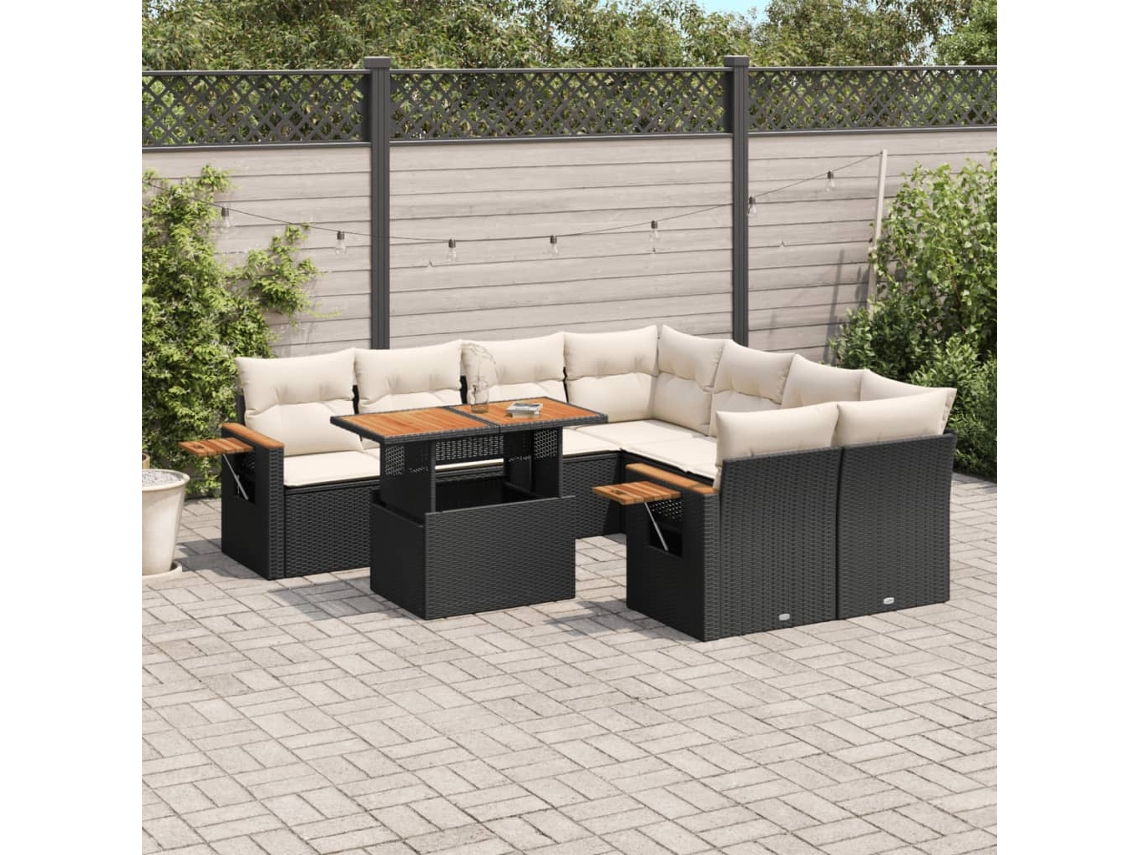 Vidaxl 9 Pcs Conjunto De Sofás P/ Jardim C/ Almofadões Vime Pe Preto