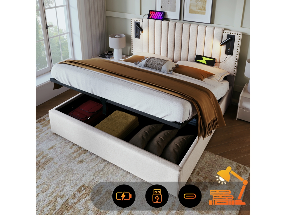 Cama Box 180x200 Com Cabeceira, Luz De Leitura Usb E Gavetão - Estrutura Em Algodão Bege (sem Colchão)