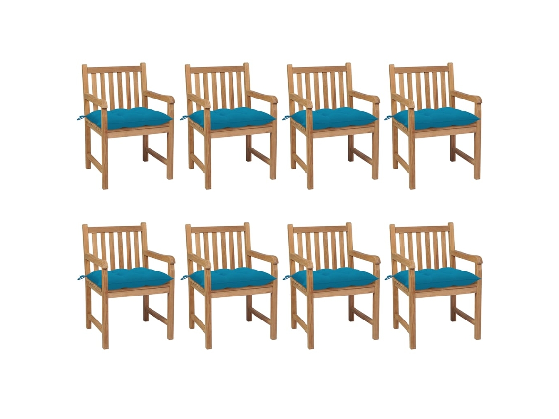 Vidaxl Cadeiras De Jardim C/ Almofadões Azul-claro 8 Pcs Teca Maciça
