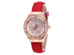 Relógio de Pulso Feminino de Quartzo com Pulseira de Couro Pu e Strass Vermelho