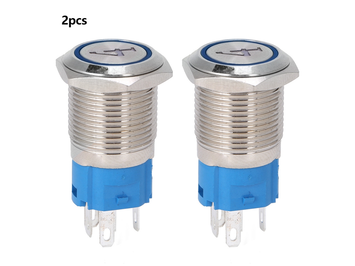 Interruptor De Botão De Pressão De Metal 5 Pinos 16mm Com Luz Auto-reset 12vdc Azul 2pcs
